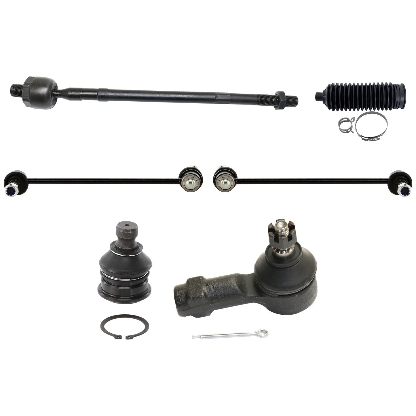 10-Piece Kit Front, Driver and Passenger Side, Lower Ball Joint, Includes (2) Ball Joint, (2) Sway Bar Link, (4) Tie Rod End and (2) Steering Rack Boot