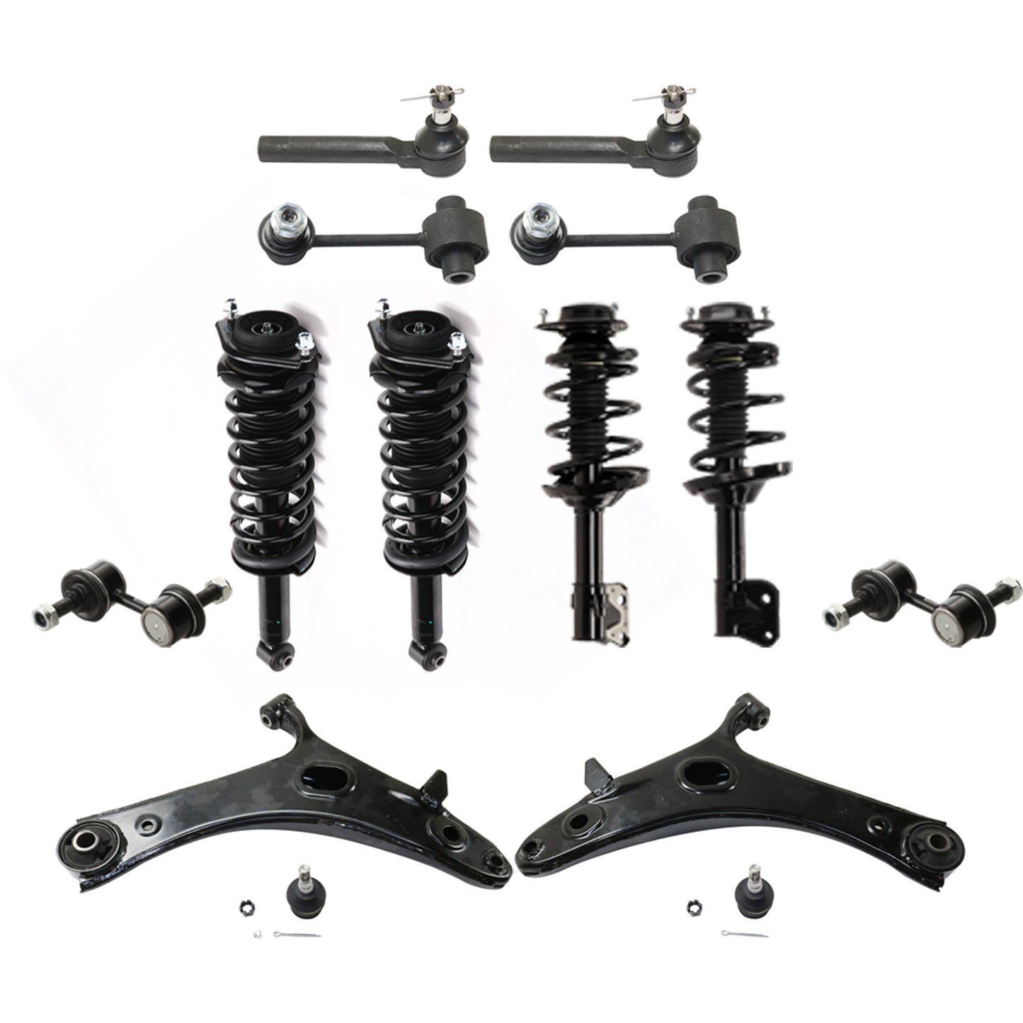 12-Piece Kit Front and Rear Suspension Kit, Includes (2) Control Arm, (4) Shock Absorber and Strut Assembly, (4) Sway Bar Link, and (2) Tie Rod End