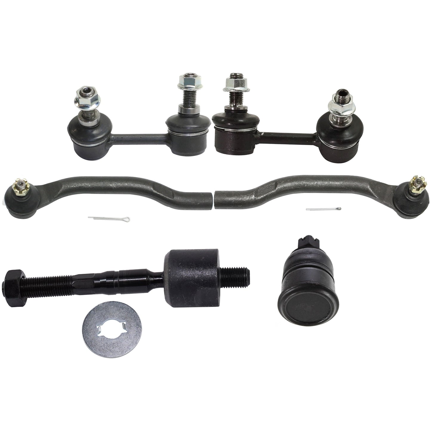 8-Piece Kit Front, Driver and Passenger Side, Inner and Outer Tie Rod End, Includes (4) Tie Rod End, (2) Ball Joint and (2) Sway Bar Link