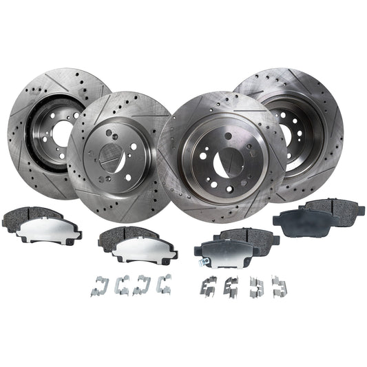 4-Wheel Set Front and Rear Brake Disc and Pad Kit, Cross-drilled and Slotted 5 Lugs Front-320.04 mm/Rear-334.01 mm Ceramic Pro-Line Series, Includes (4) Brake Disc and (2) Brake Pad Set