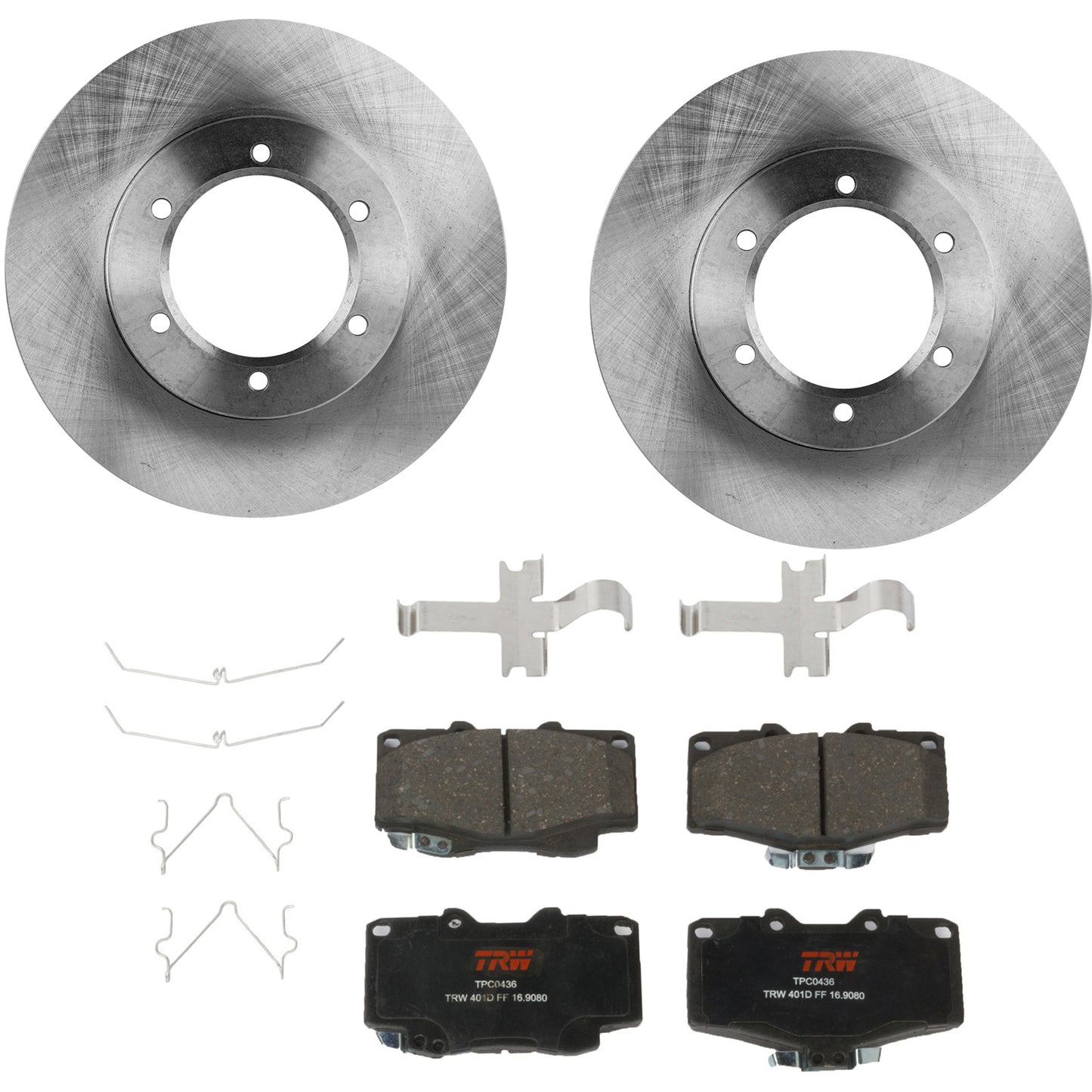 KIT-TRW101221-3598 Комплект из 2-х колесных дисков и колодок переднего тормоза, гладкая поверхность, 6 выступов, 289,05 мм, керамические, премиум-серии, фрикционные, в комплект входят (1) комплект тормозных колодок и (2) тормозных диска