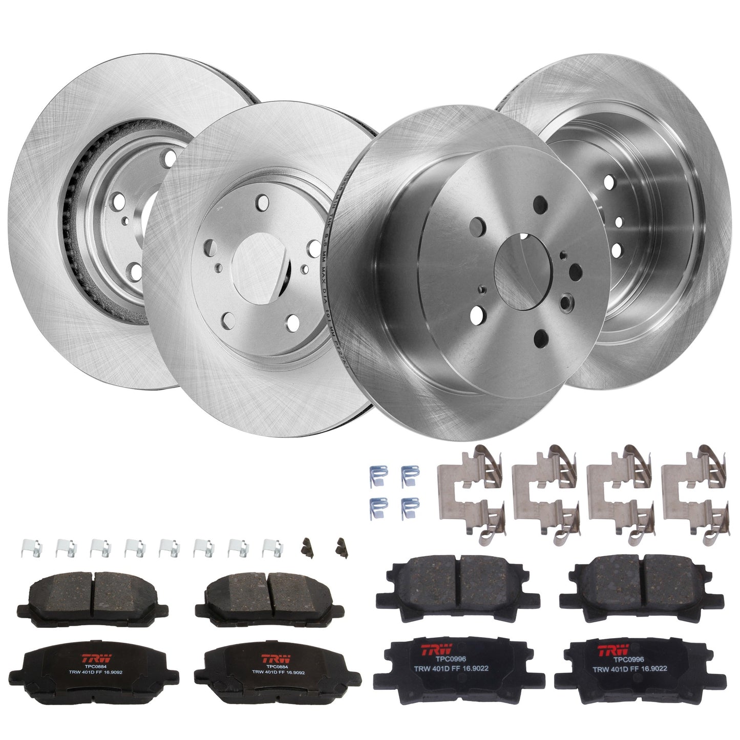 KIT-TRW101921-1127 4-Wheel Set Front and Rear Brake Disc and Pad Kit, Plain Surface 5 Lugs - Front; 5 Lugs - Rear Front-295.91 mm/Rear-288.04 mm Ceramic Premium Friction Series, Includes (4) Disc and (2) Pad Set