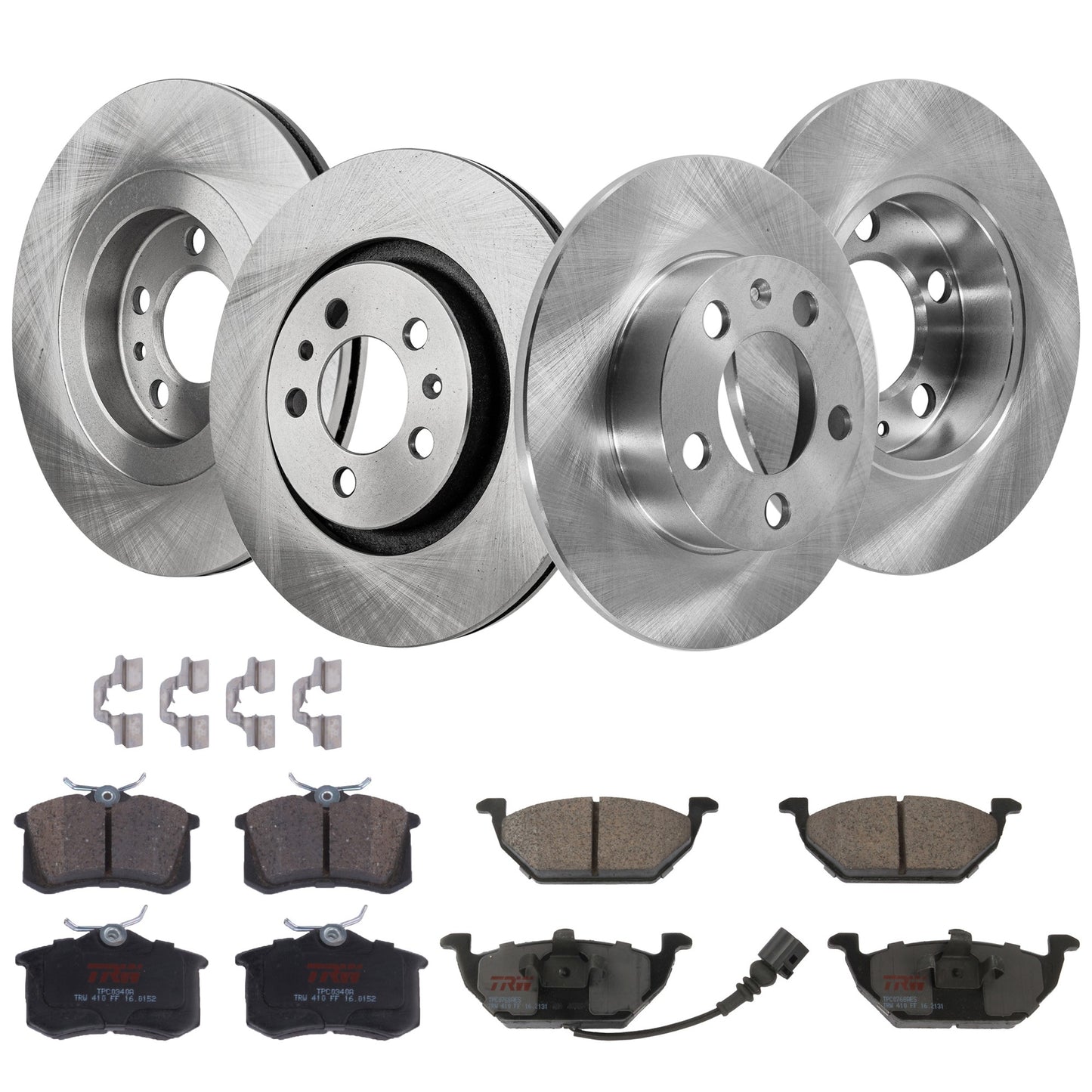 KIT-TRW101921-1160 4-Wheel Set Front and Rear Brake Disc and Pad Kit, Plain Surface 5 Lugs - Front; 5 Lugs - Rear Front-279.65 mm/Rear-232 mm Semi-metallic Premium Friction Series, Includes (4) Disc and (2) Pad Set
