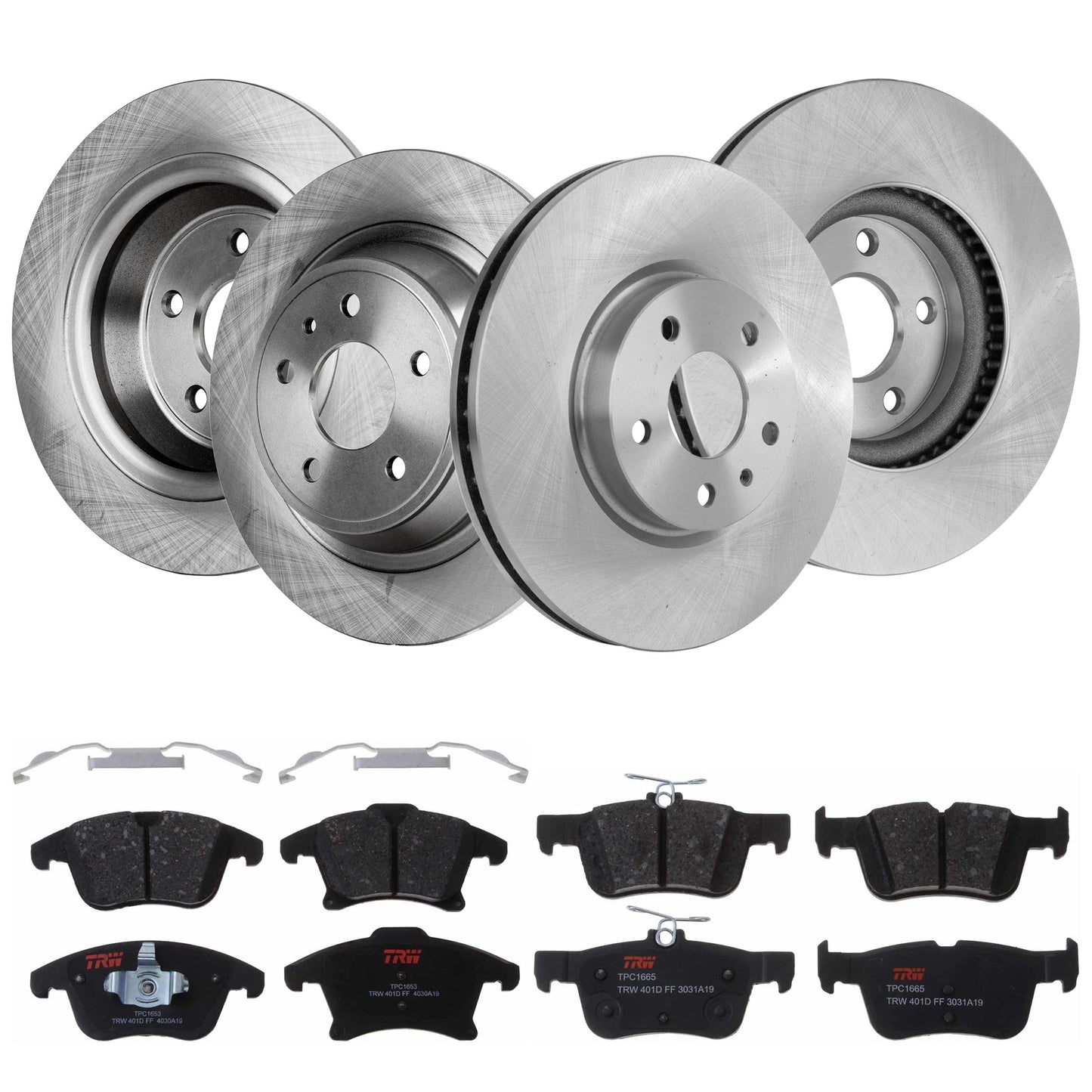 KIT-TRW101921-383 4-Wheel Set Front and Rear Brake Disc and Pad Kit, Plain Surface 5 Lugs - Front; 5 Lugs - Rear Front-300 mm/Rear-302.01 mm Ceramic Premium Friction Series, Includes (4) Disc and (2) Pad Set