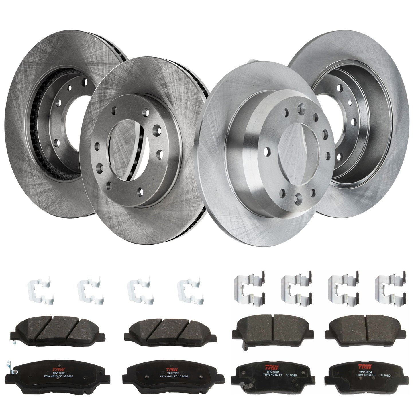 KIT-TRW101921-576 4-Wheel Set Front and Rear Brake Disc and Pad Kit, Plain Surface 6 Lugs - Front; 6 Lugs - Rear Front-297.94 mm/Rear-302.01 mm Ceramic Premium Friction Series, Includes (4) Disc and (2) Pad Set