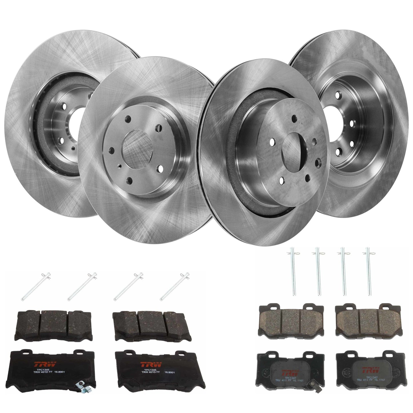 KIT-TRW101921-634 4-Wheel Set Front and Rear Brake Disc and Pad Kit, Plain Surface 5 Lugs - Front; 5 Lugs - Rear Front and Rear-329.95 mm Semi-metallic Premium Friction Series, Includes (4) Disc and (2) Pad Set