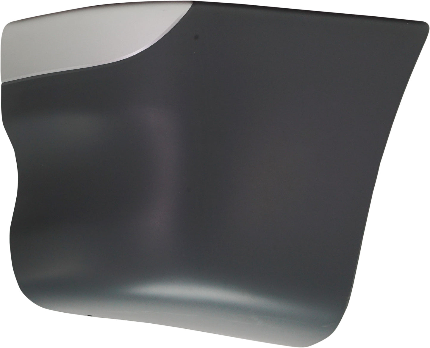 Front, Driver Side Bumper End, Painted Black and Silver Plastic