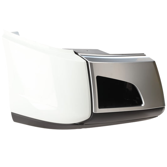 Front, Passenger Side Bumper End, Chrome (Front), White (Side), Black (Bottom) Plastic