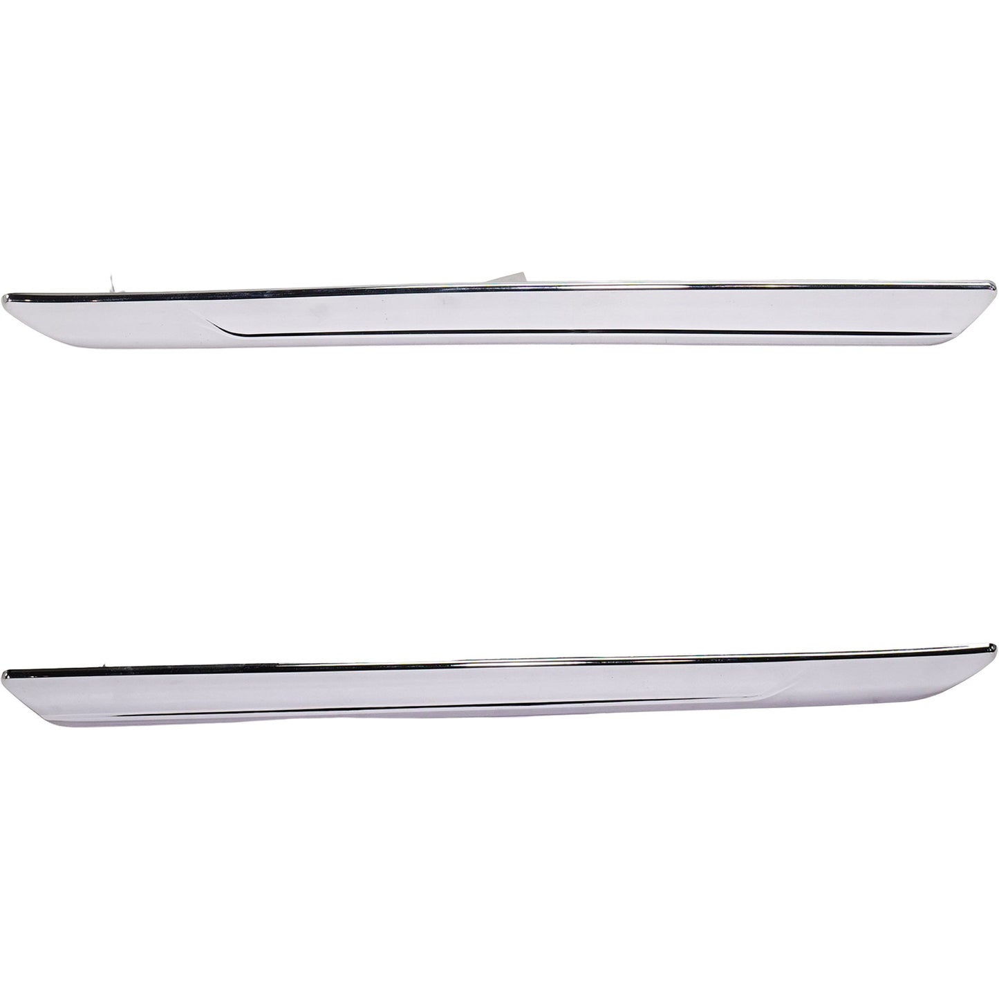 Rear, Driver and Passenger Side Bumper Trims, Chrome, Mounted on Side Bumper Molding