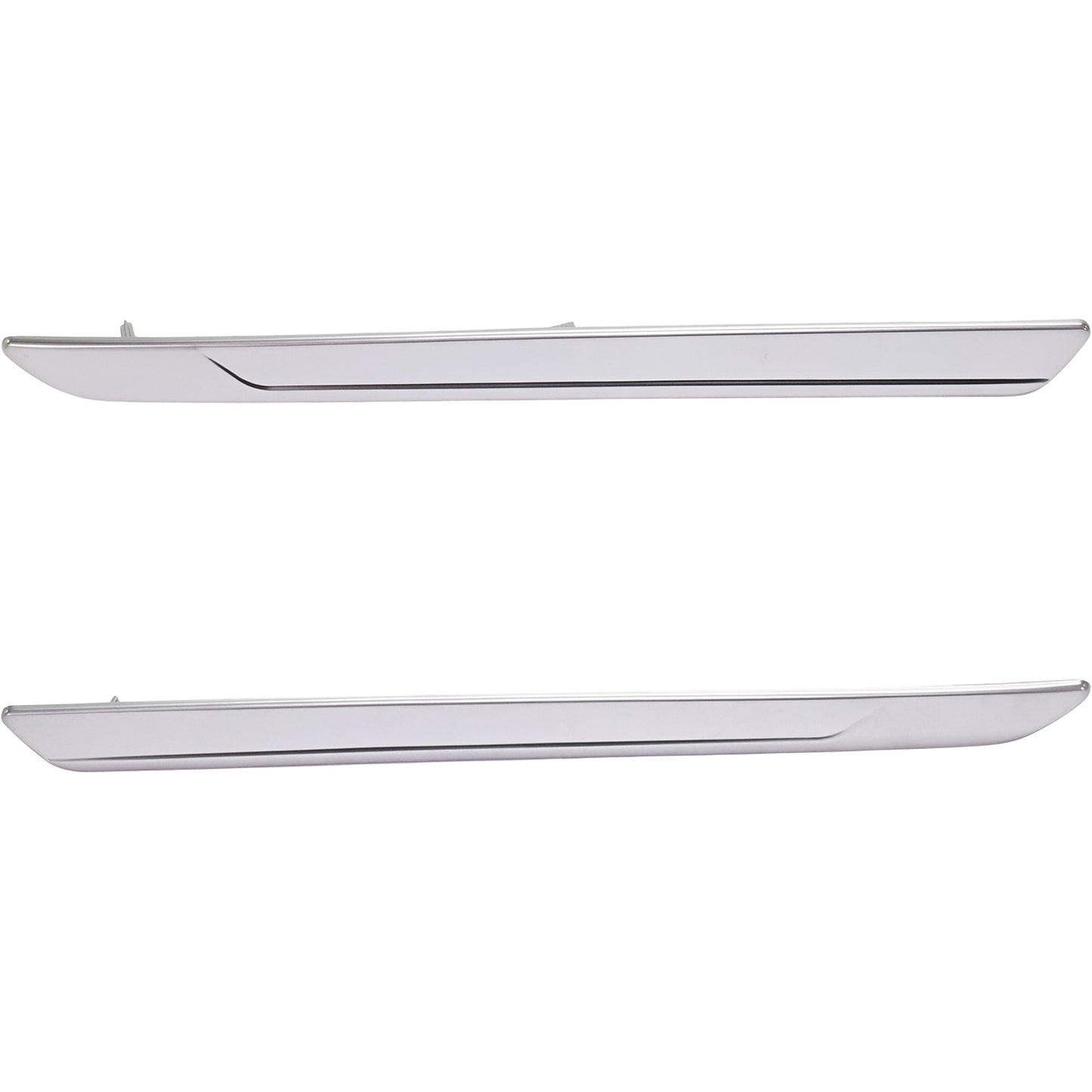 Rear, Driver and Passenger Side Bumper Trims, Chrome, Mounted on Side Bumper Molding