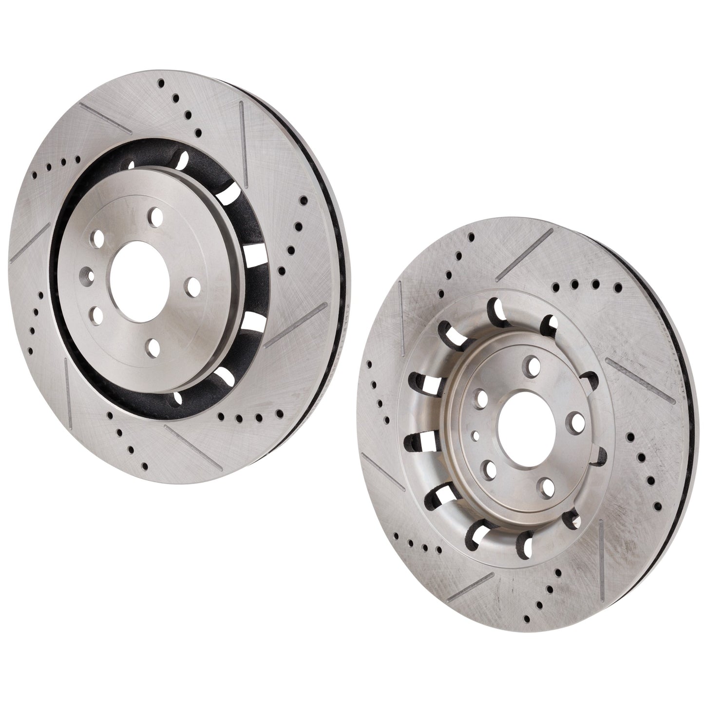 Front, Driver and Passenger Side Brake Discs, Cross-drilled and Slotted, Vented, 5 Lugs, Pro-Line Series