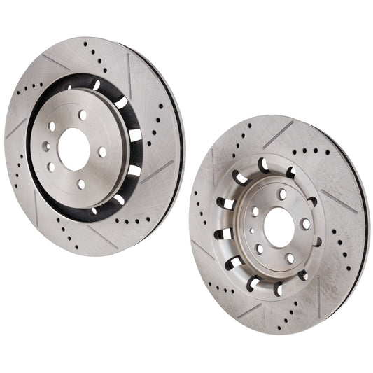 Front, Driver and Passenger Side Brake Discs, Cross-drilled and Slotted, Vented, 5 Lugs, Pro-Line Series