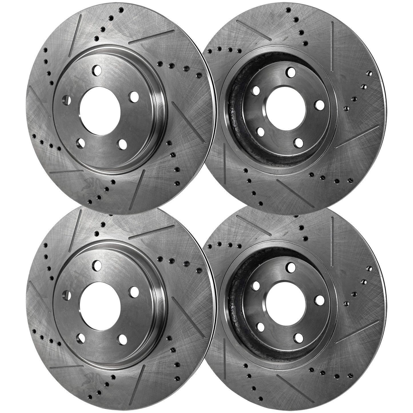 Front and Rear Brake Discs, 4-Wheel Set, Cross-Drilled and Slotted, Vented, 5 Lugs, Pro-Line Series