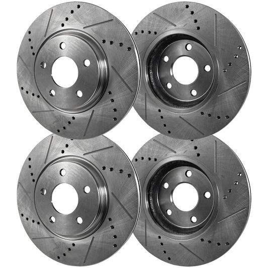 Front and Rear Brake Discs, 4-Wheel Set, Cross-Drilled and Slotted, Vented, 5 Lugs, Pro-Line Series