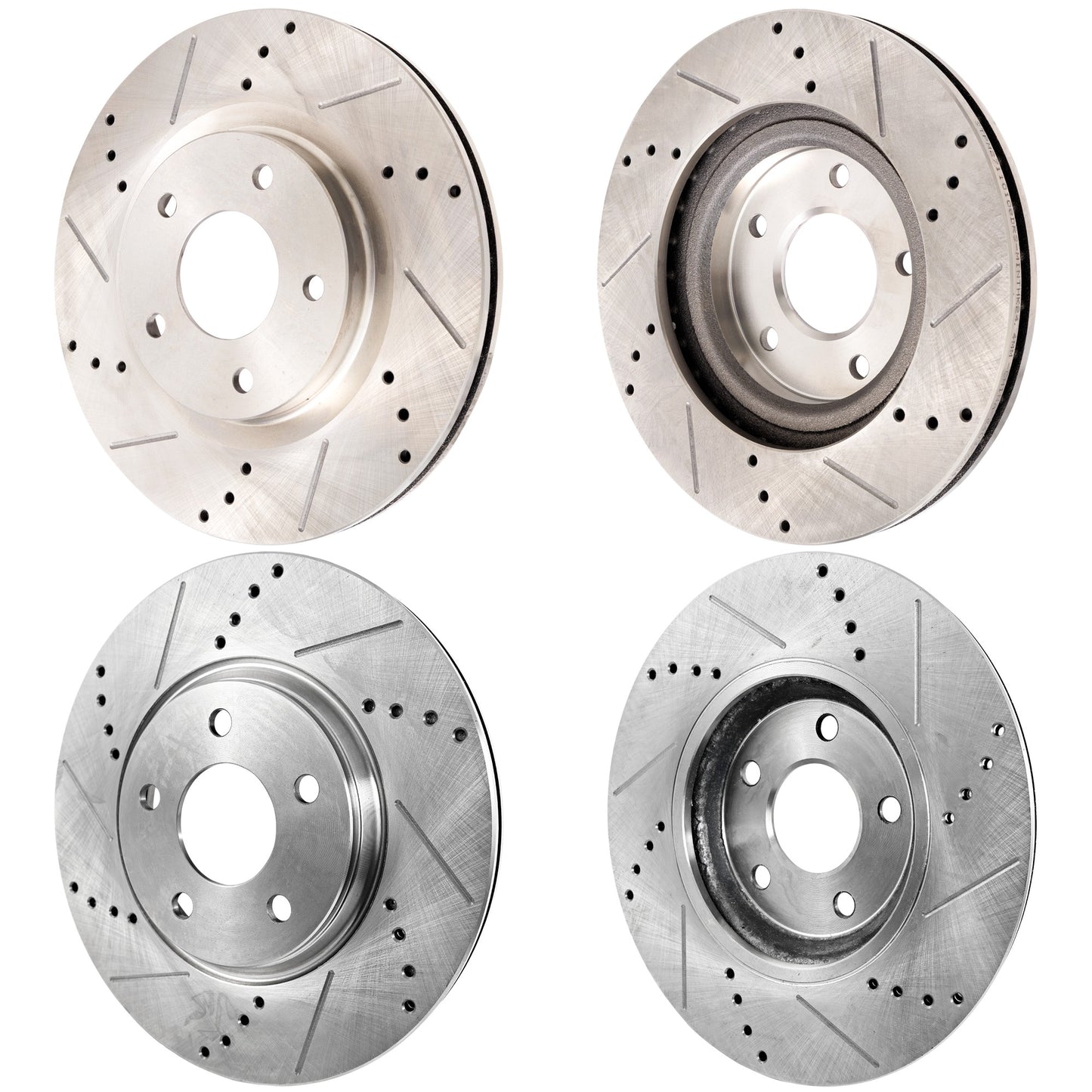 Front and Rear Brake Discs, 4-Wheel Set, Cross-Drilled and Slotted, Vented - Front, Solid - Rear, 5 Lugs, Pro-Line Series