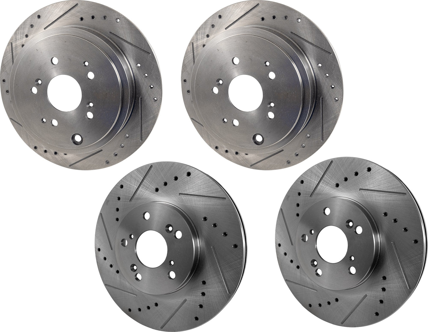 Front and Rear Brake Discs, Cross-Drilled and Slotted, Vented - Front, Solid - Rear, 5 Lugs, Pro-Line Series