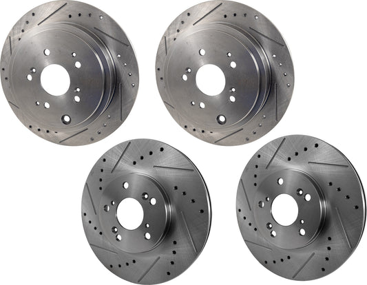 Front and Rear Brake Discs, Cross-Drilled and Slotted, Vented - Front, Solid - Rear, 5 Lugs, Pro-Line Series