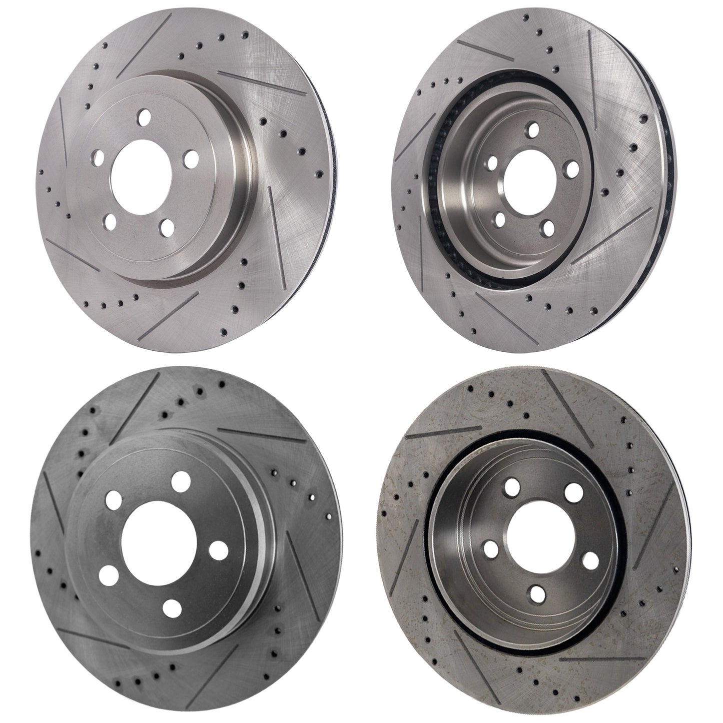 Front and Rear Brake Discs, 4-Wheel Set, Cross-drilled and Slotted, Vented, Pro-Line Series