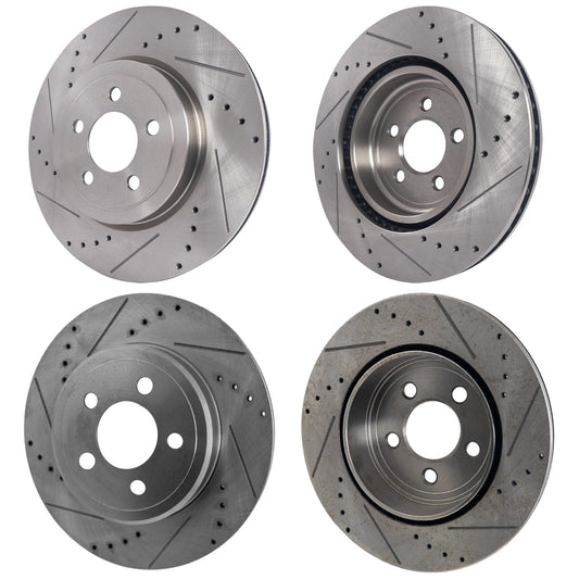Front and Rear Brake Discs, 4-Wheel Set, Cross-drilled and Slotted, Vented, Pro-Line Series