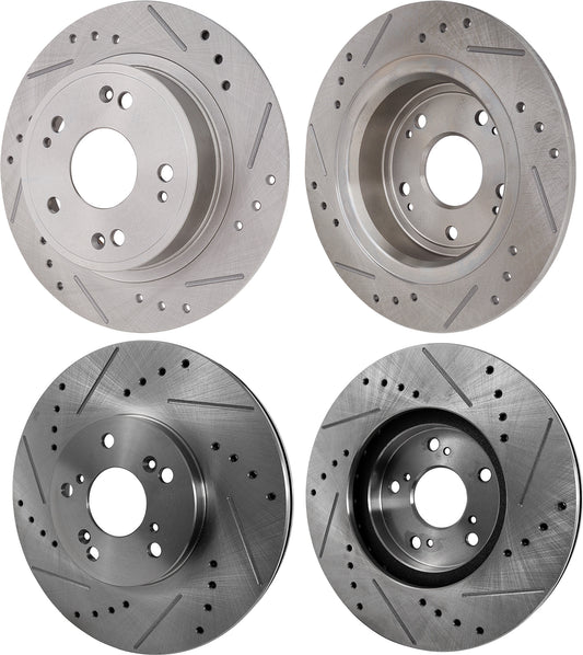 Front and Rear Brake Discs, Cross-drilled and Slotted, Vented - Front; Solid - Rear, 5 Lugs, Pro-Line Series