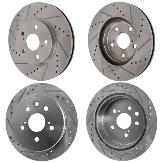Front and Rear Brake Disc, 4-Wheel Set, Cross-drilled and Slotted, Vented - Front; Solid - Rear, 5 Lugs, Pro-Line Series