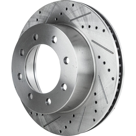 Front, Driver or Passenger Side Brake Disc, Cross-drilled and Slotted, Vented, 8 Lugs, Pro-Line Series