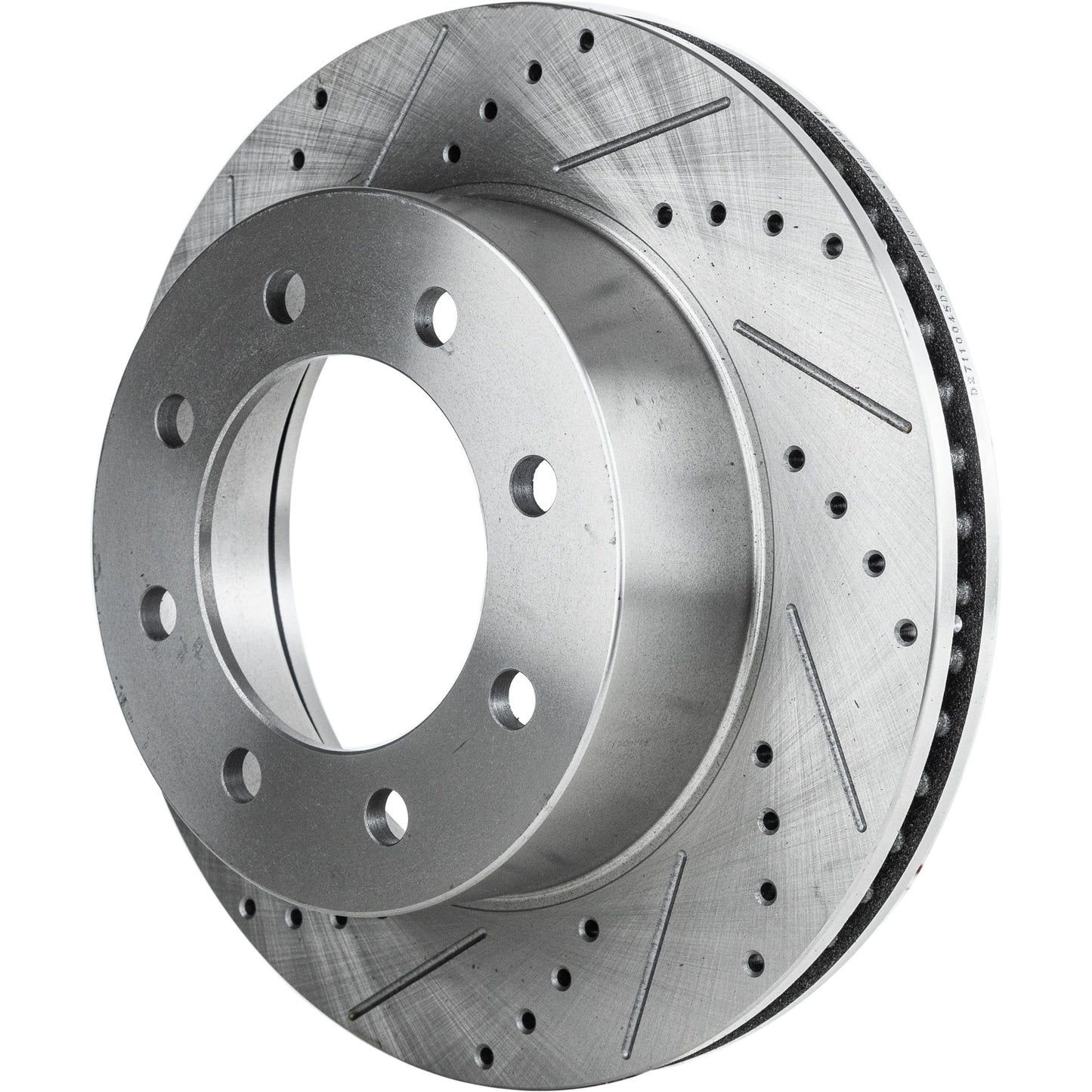 Front, Driver or Passenger Side Brake Disc, Cross-drilled and Slotted, Vented, 8 Lugs, Pro-Line Series