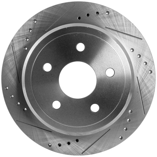 Rear, Driver or Passenger Side Brake Disc, Cross-drilled and Slotted, Solid, 5 Lugs, Pro-Line Series